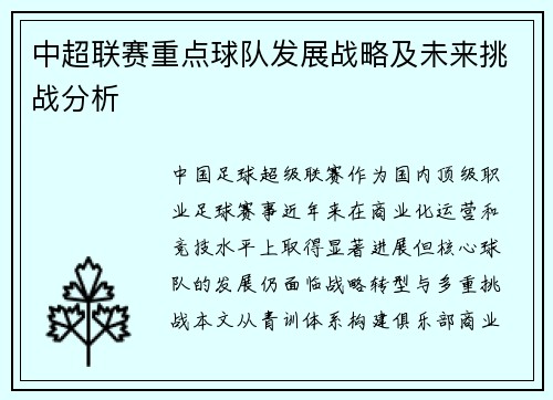中超联赛重点球队发展战略及未来挑战分析