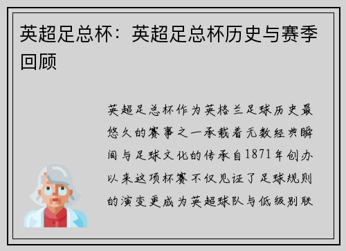英超足总杯：英超足总杯历史与赛季回顾