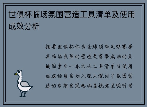 世俱杯临场氛围营造工具清单及使用成效分析