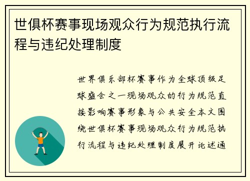 世俱杯赛事现场观众行为规范执行流程与违纪处理制度