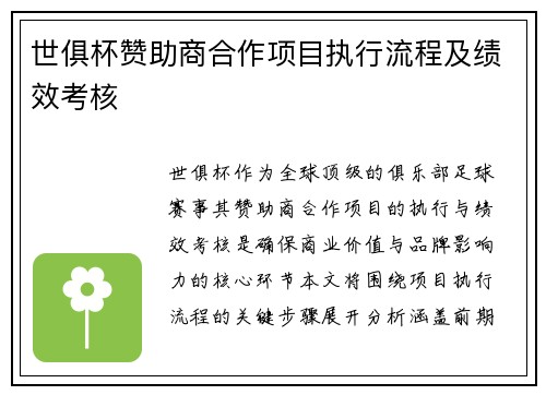 世俱杯赞助商合作项目执行流程及绩效考核